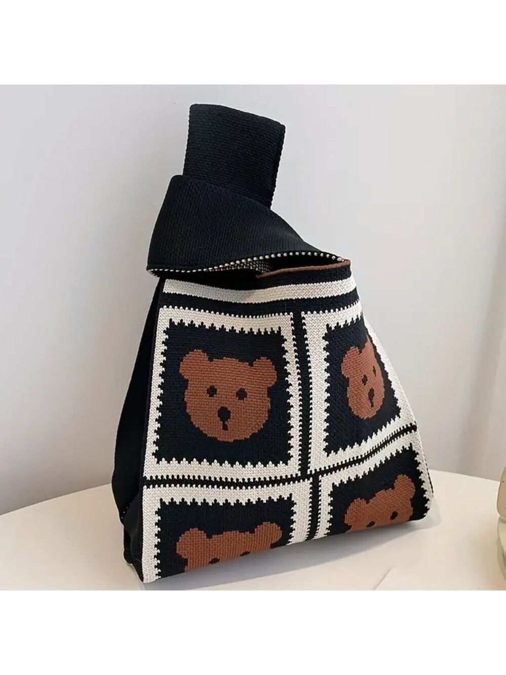 Heavy Woven Knit Bear Pattern Tote Purse Bag Japanese Knot  Closure Style